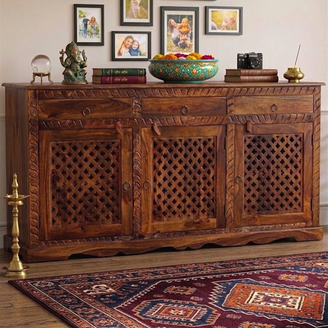 Kashco Interiors styled showroom: carved sideboard, rug and decor