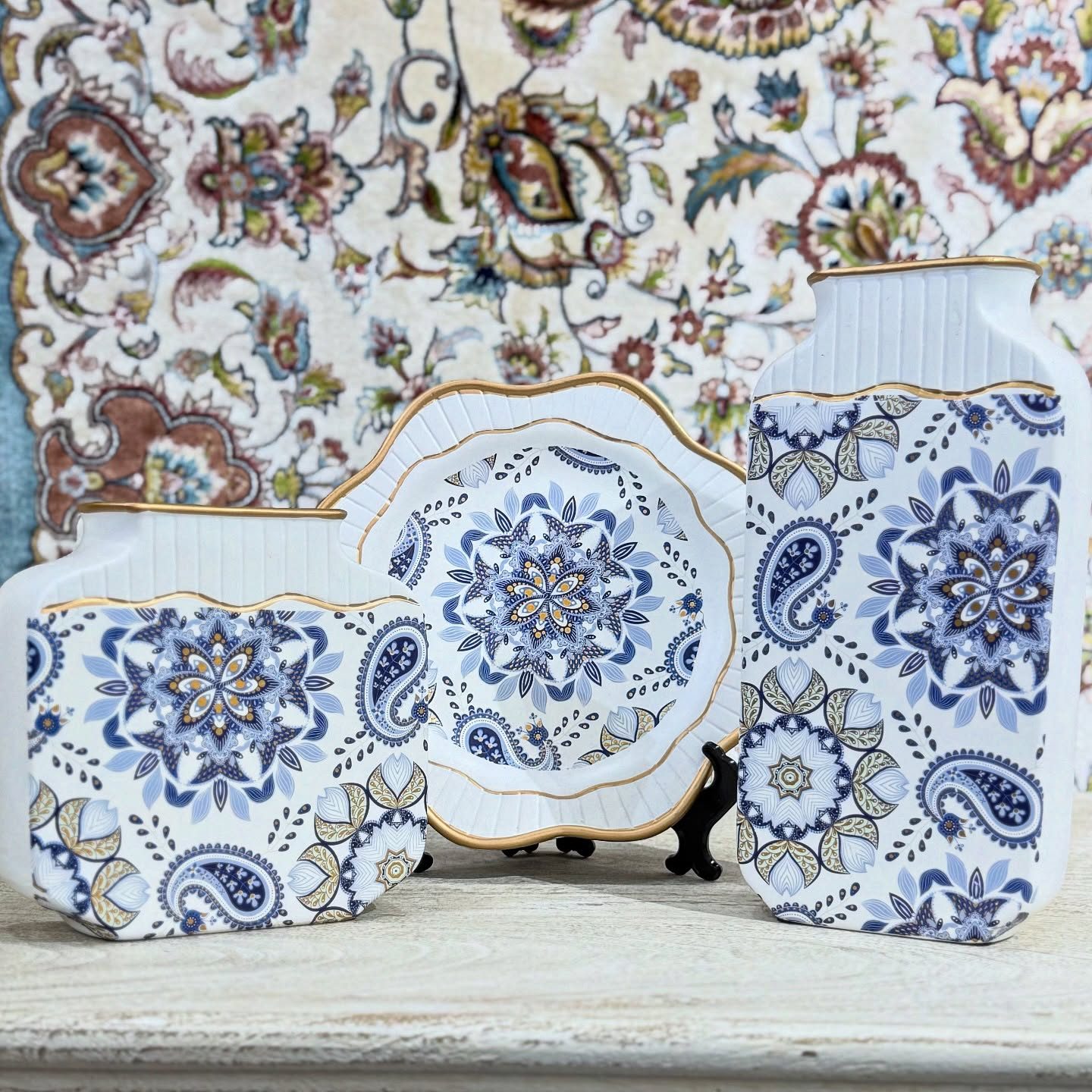 Blue and white decorative plates and jars